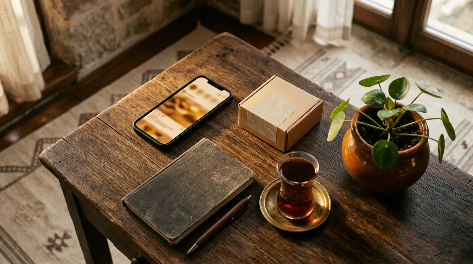 Masada telefon, ürün kutusu ve not defteri; bir iş birliği paylaşımı hazırlığı