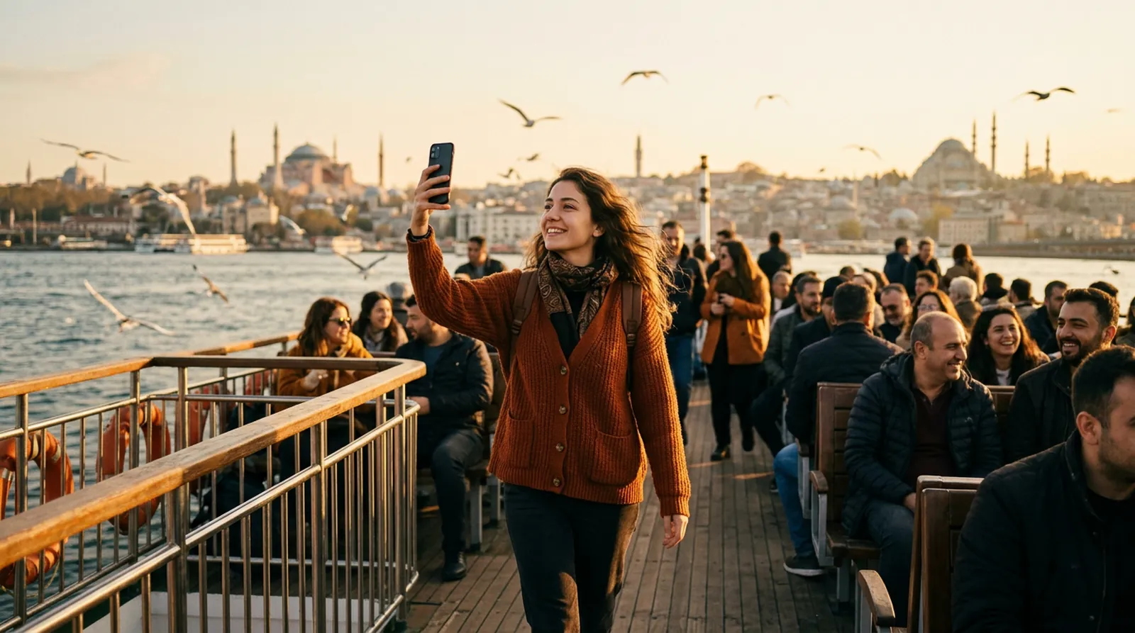 Bir içerik üreticisi vapurda telefonuyla Boğaz manzarasını çekiyor