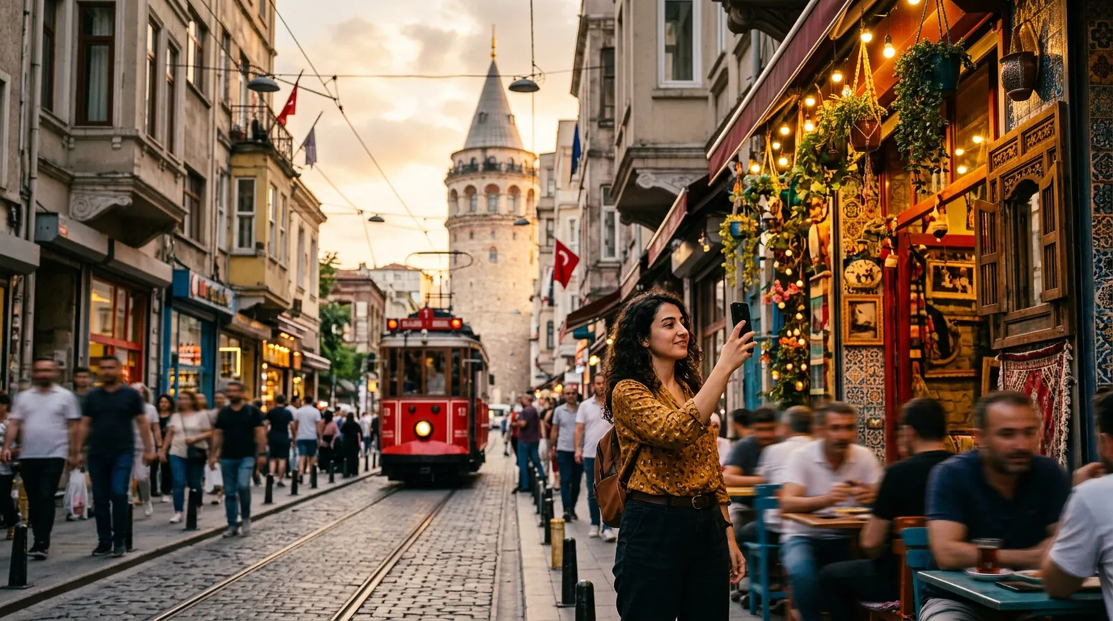 Karaköy'de bir içerik üreticisi kafe cephesini telefonuyla çekiyor, arkada Galata Kulesi