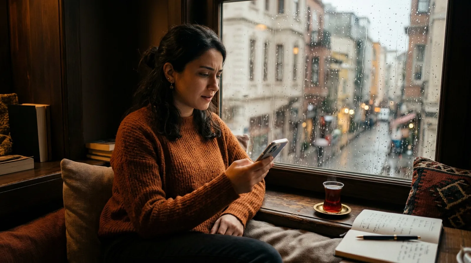 Bir içerik üreticisi yağmurlu bir pencerenin önünde telefonuna düşünceli bakıyor