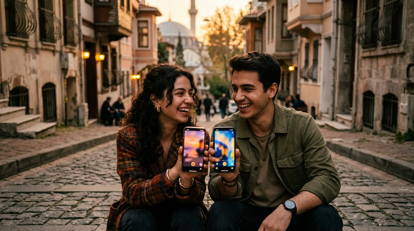 İki genç merdivenlerde oturmuş, telefonlarında farklı kısa videolar izliyor