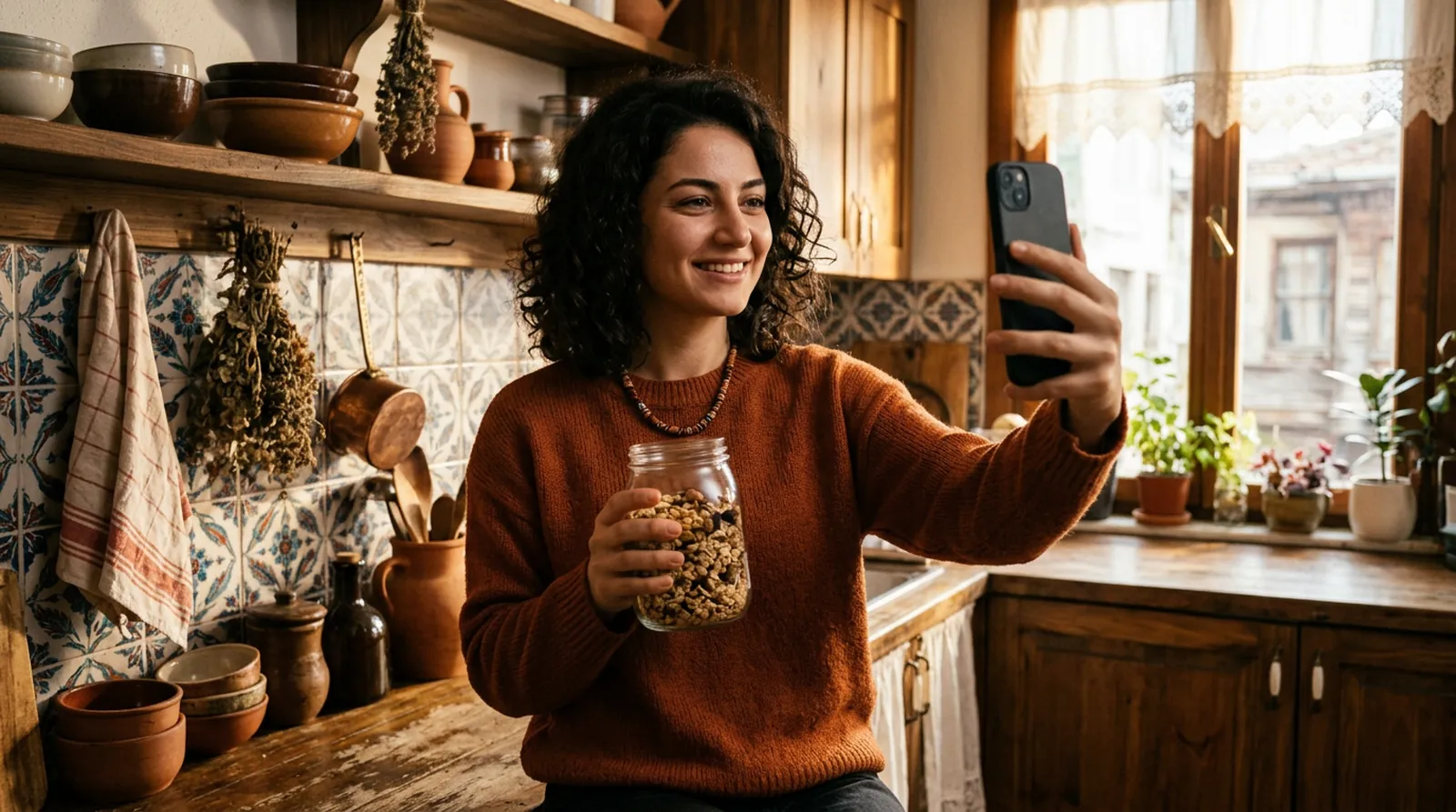 Bir kadın mutfakta telefonla kendini çekerek bir ürünü tanıtıyor